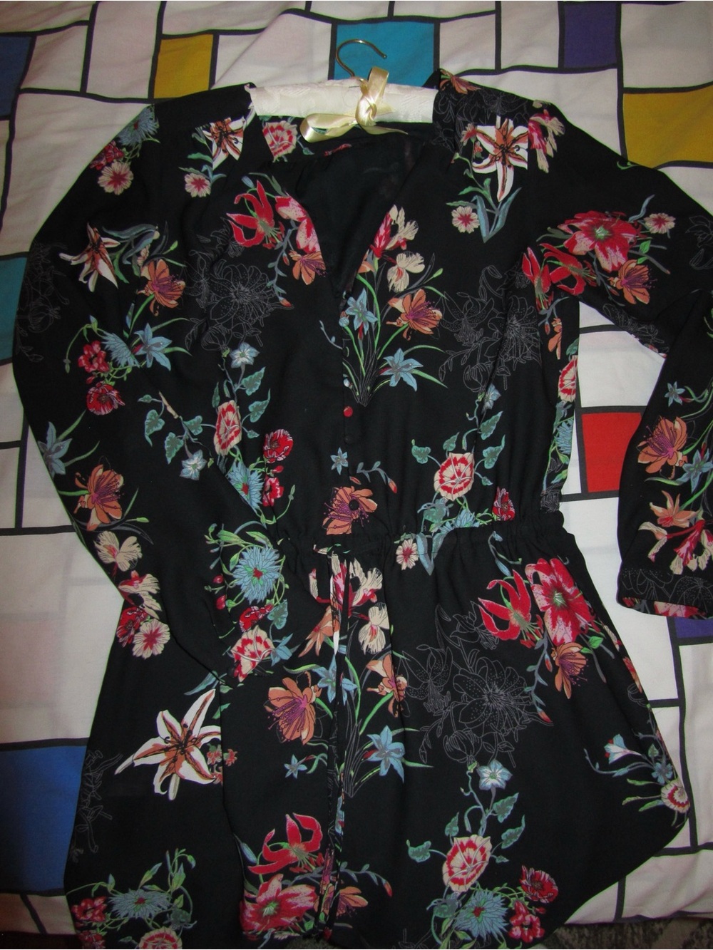 Black Floral Long Sleeve Drawstring Waist Dress